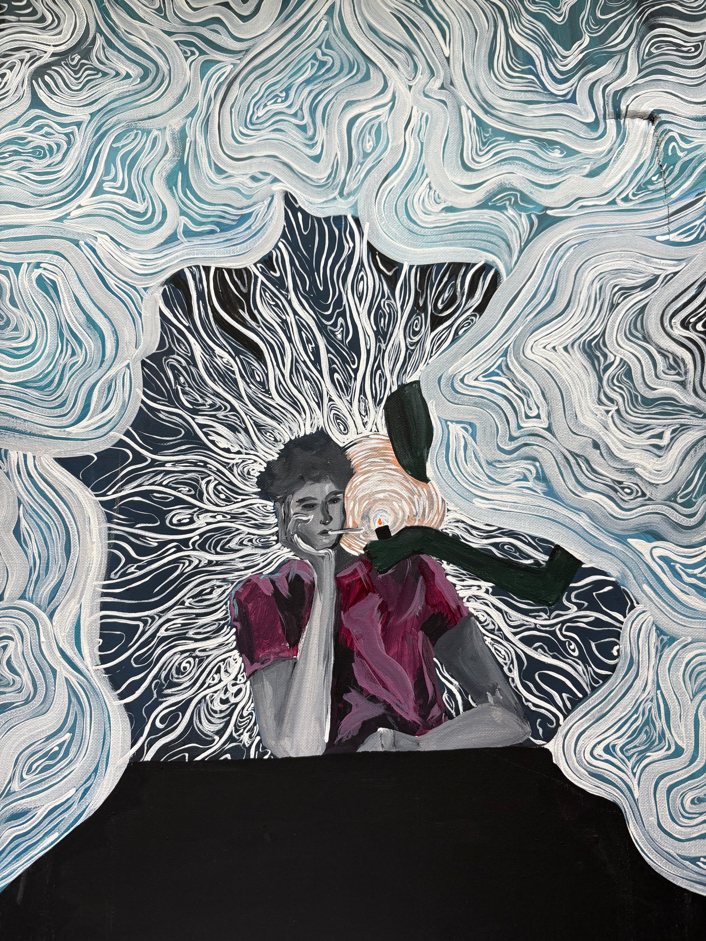 In the dark (its torn on the side)